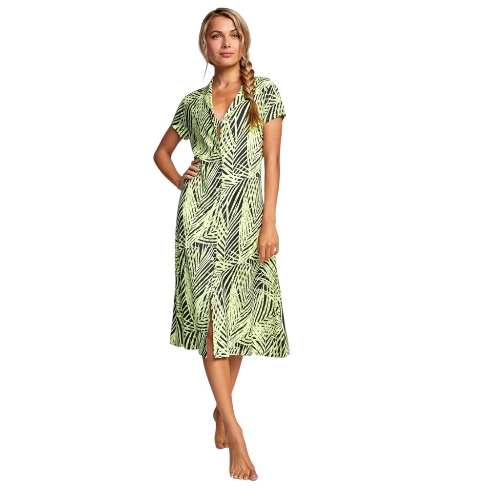 RVCA Tropical Palm Leaf Button Front Midi Dress Lime Green Black Women's Medium